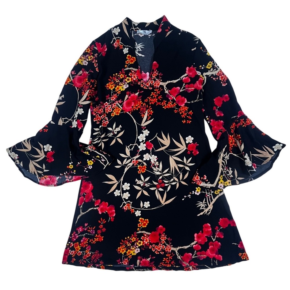 Natori Black Floral Cherry Blossom Bell Sleeve Shift Dress XS Split Neck